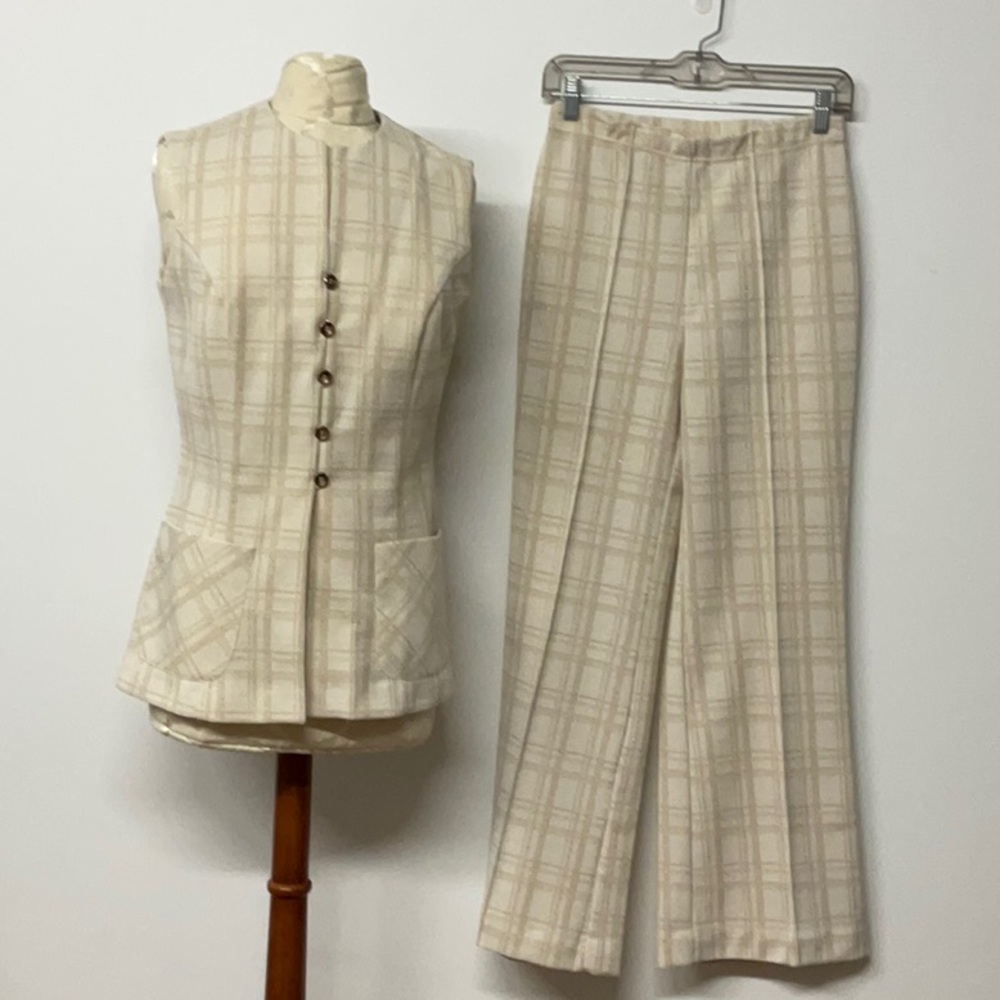 Vintage Koret of California Plaid Cream/Gold Metallic Vest and Slacks Size 10